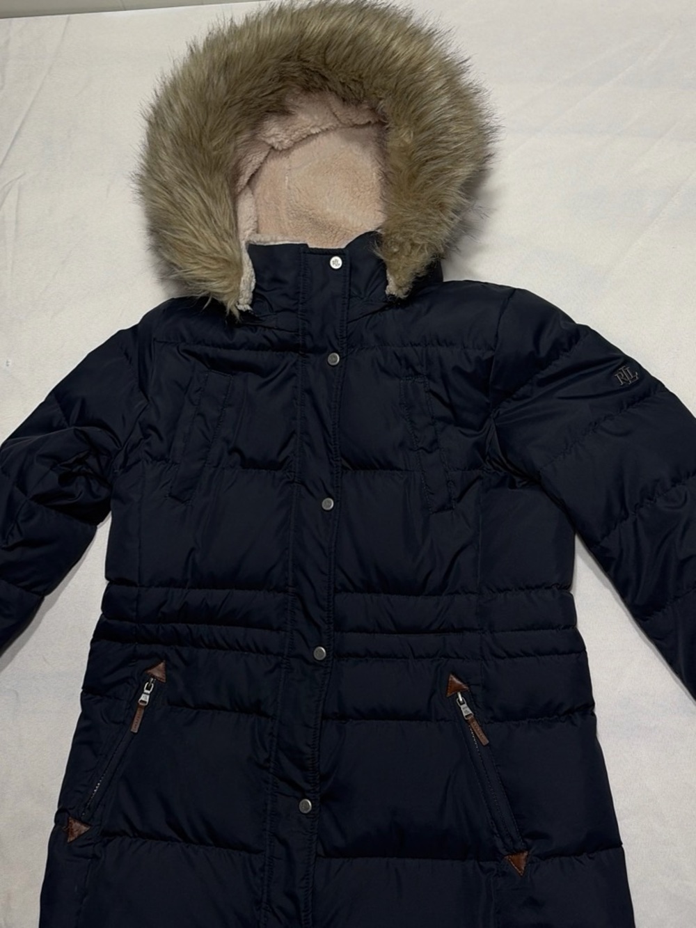 Ralph Lauren Navy Puffer Coat with Faux Fur Trim Hood